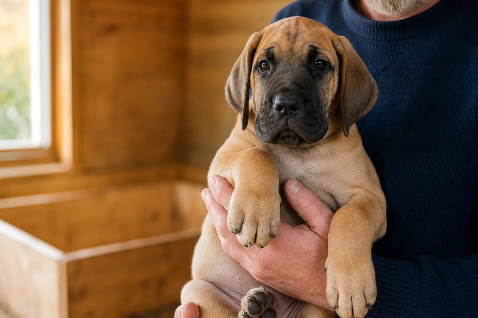Éleveur tenant délicatement un chiot Dogue Allemand fauve