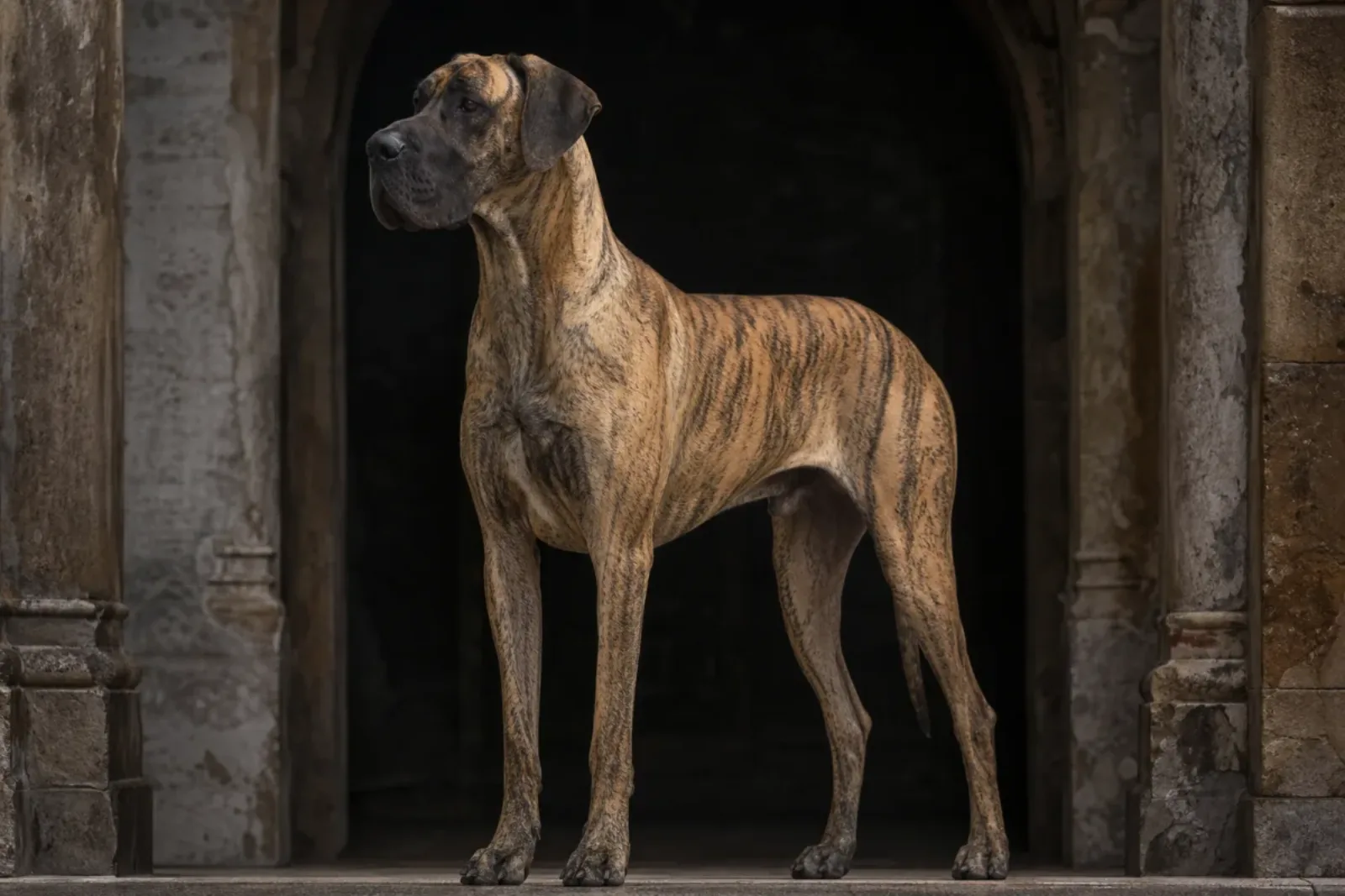 Dogue Allemand bringé, fond doré rayé de noir